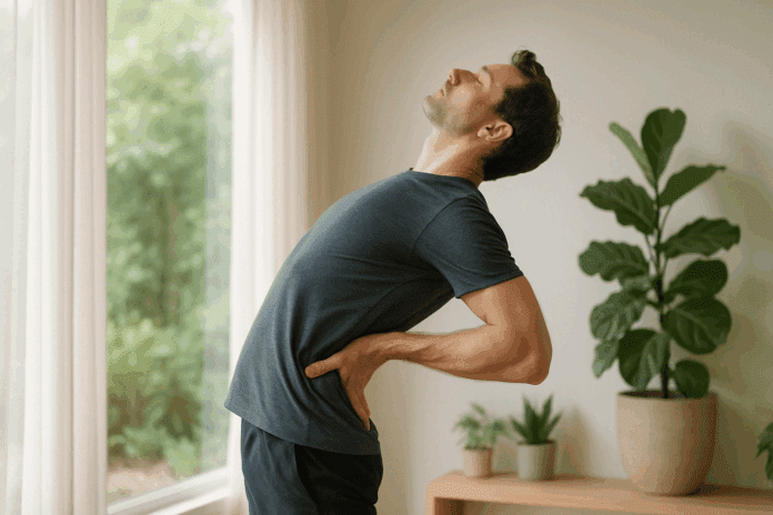 Man performing a standing backbend in a sunlit room, demonstrating one of the 13 Standing Stretches for Lower Back Pain Relief.