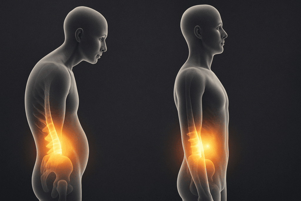 Side-by-side comparison of slouched and upright postures highlighting the core and lower back to illustrate benefits of 13 Standing Stretches for Lower Back Pain Relief