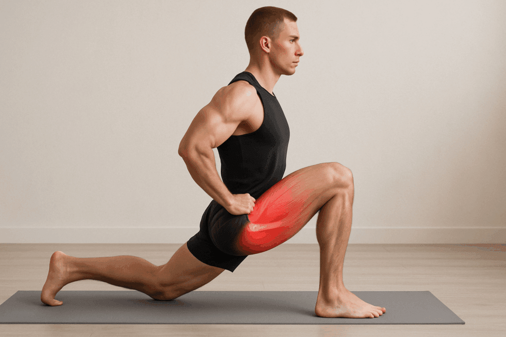 Man performing standing hip flexor stretch in a lunge position, demonstrating proper form from the “13 Standing Stretches for Lower Back Pain Relief” routine.