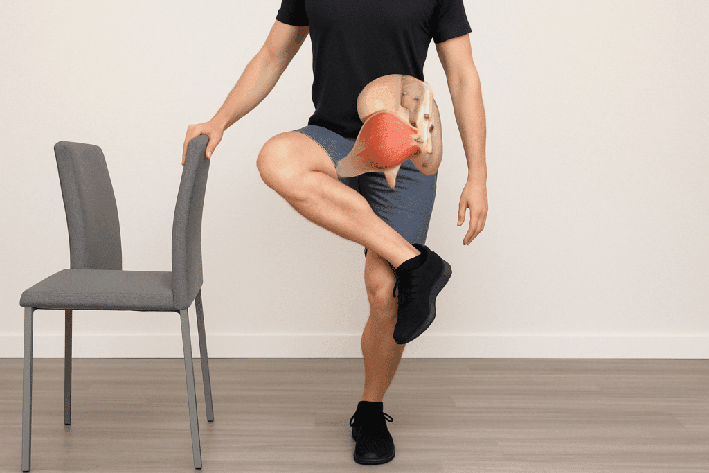 Person performing a figure four glute stretch with chair support, demonstrating one of the 13 Standing Stretches for Lower Back Pain Relief.