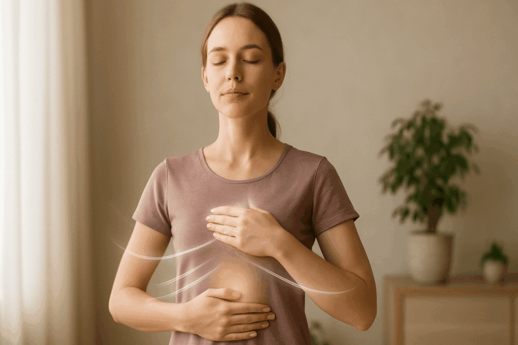 Person practicing diaphragmatic breathing in a calm standing posture, illustrating mindful techniques from 13 Standing Stretches for Lower Back Pain Relief.
