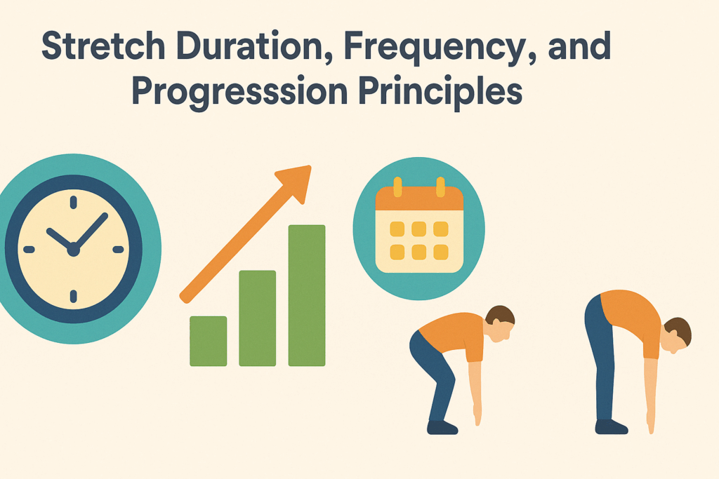 Visual infographic showing stretch duration, frequency, and progression principles for 13 standing stretches for lower back pain relief