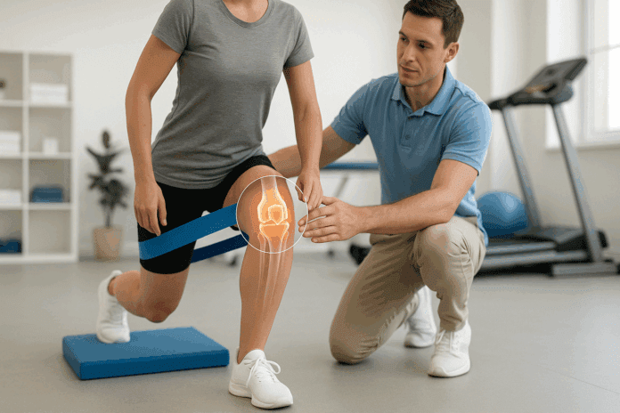 Physiotherapist guiding a woman through a lunge with a resistance band in a rehab clinic, demonstrating one of the best anterior knee pain exercises.