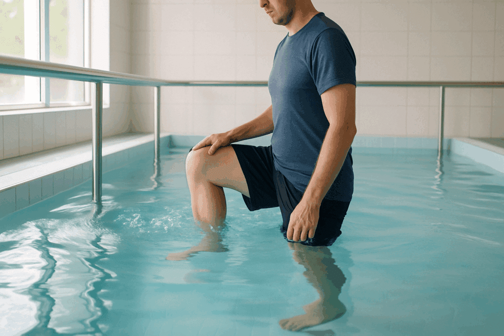 Man performing aquatic leg lifts in a therapy pool as part of the best anterior knee pain exercises program.