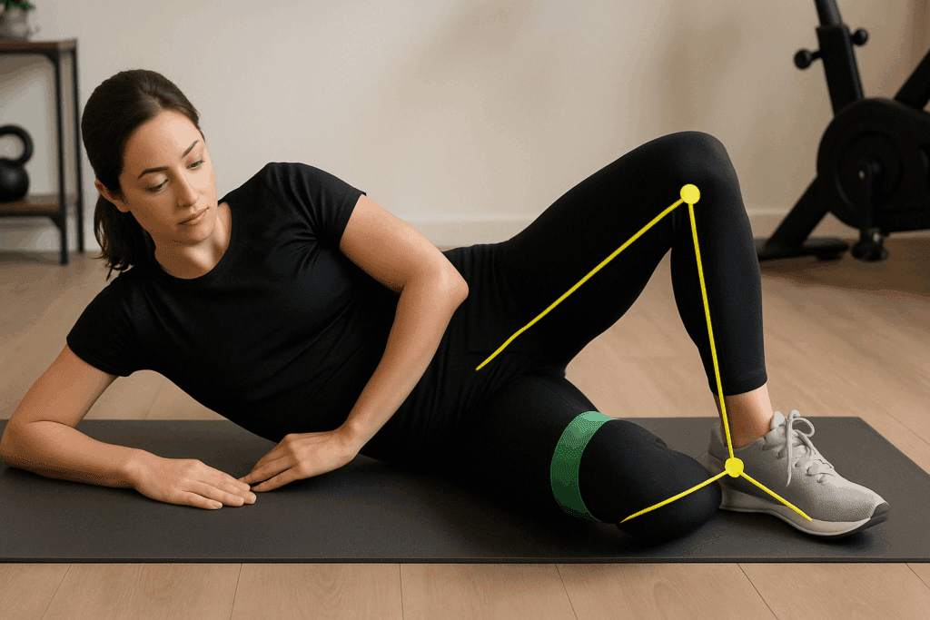 Woman performing clamshell exercise with resistance band to activate hips, demonstrating one of the best anterior knee pain exercises for alignment and support.