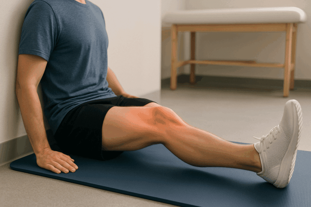 Person performing a straight leg raise on a mat in a rehab setting to demonstrate best anterior knee pain exercises with visible quadriceps engagement.