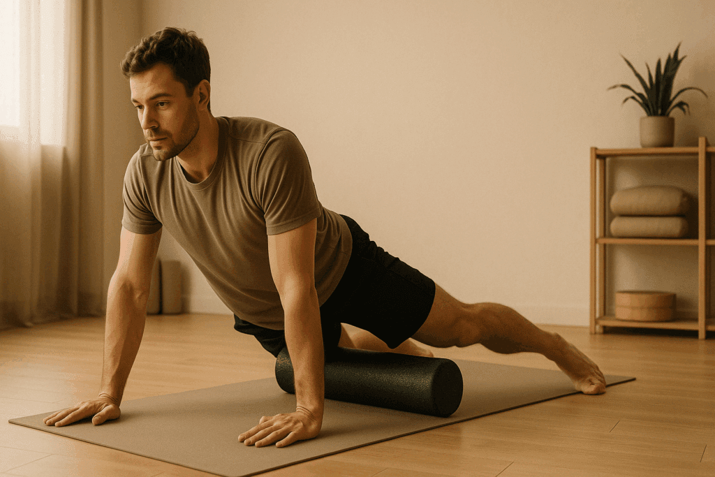 Man foam rolling quadriceps in yoga studio as part of best anterior knee pain exercises routine