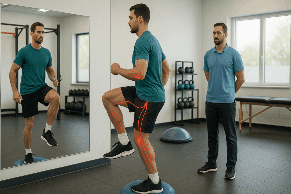 Man performing single-leg balance on wobble cushion with therapist supervision in rehab gym, demonstrating best anterior knee pain exercises.