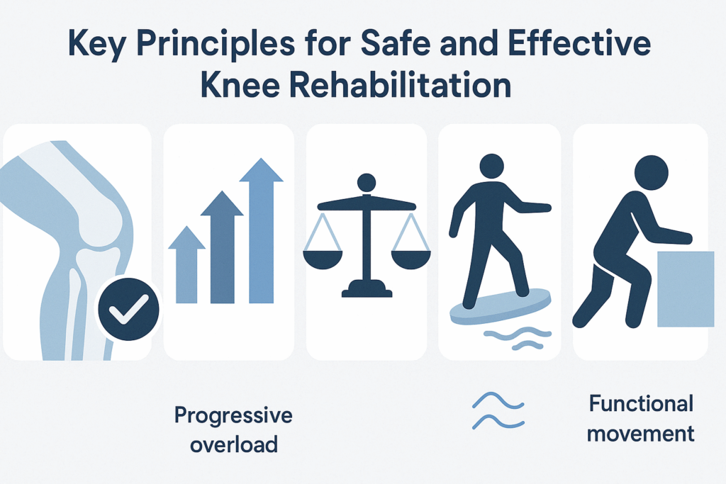 Infographic visually illustrating five core principles behind the best anterior knee pain exercises, including safe movement, progression, balance, and functional training.