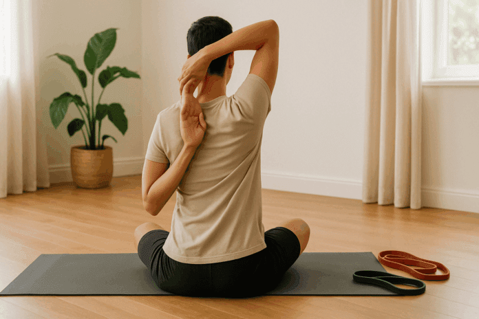 Fit individual doing arm and shoulder exercises in a calm, sunlit room with yoga mat and resistance bands