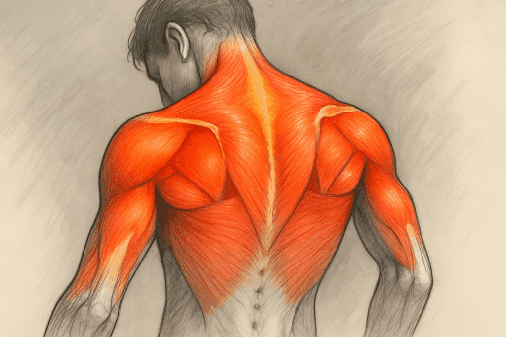Anatomical illustration highlighting tense upper body muscles involved in arm and shoulder exercises, including trapezius and deltoids.