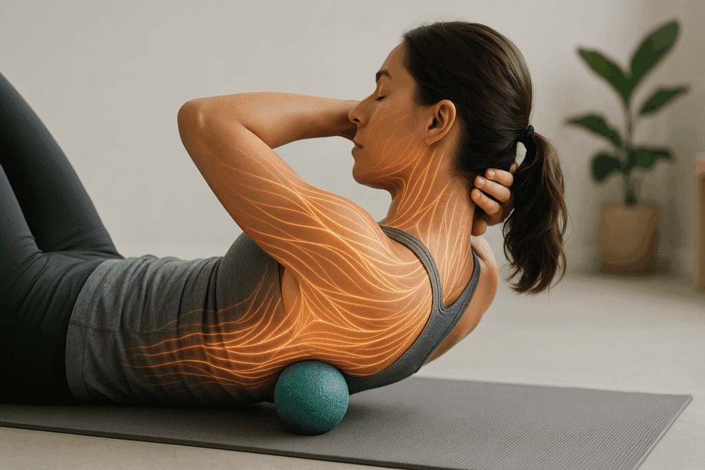 Woman performing arm and shoulder exercises with a massage ball on her upper back, highlighting fascial engagement in a minimalist wellness space.