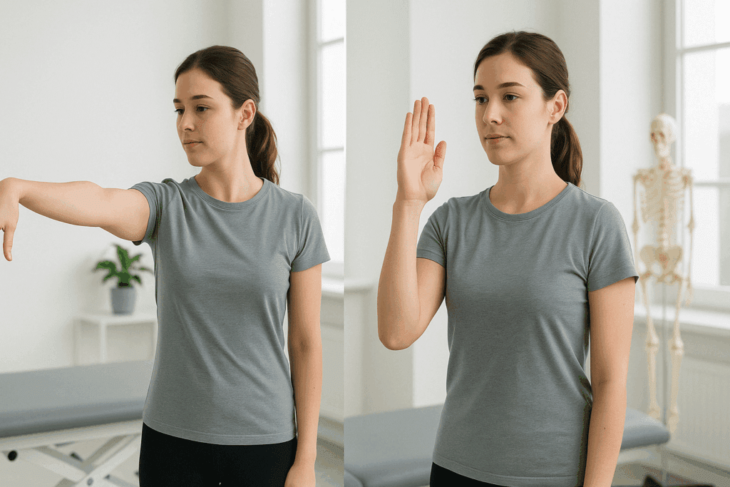 Woman performing arm and shoulder exercises using nerve flossing techniques in a clinical rehab setting