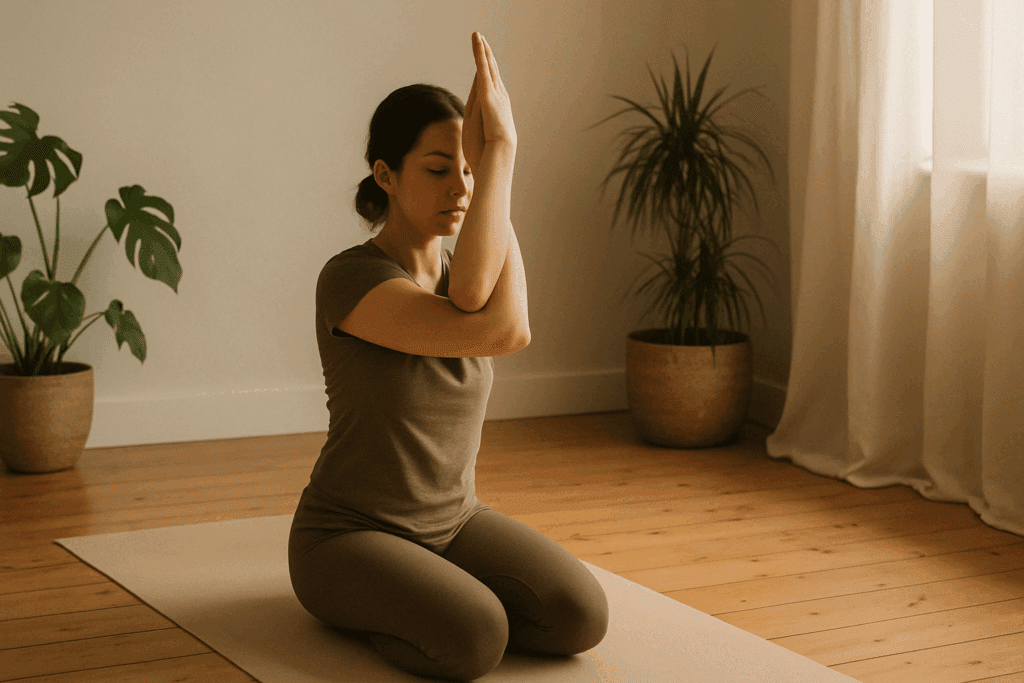 Woman practicing eagle arms yoga pose in a calm indoor setting as part of arm and shoulder exercises for mobility and relaxation