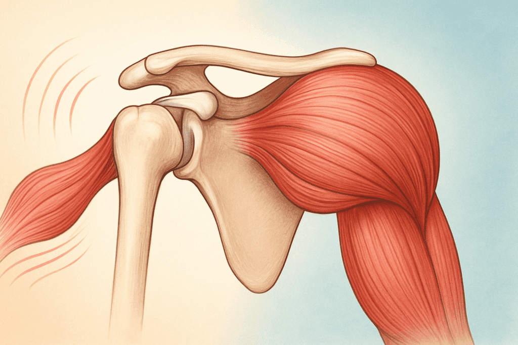 Visual diagram showing the balance of flexibility and strength in the shoulder joint, highlighting key muscles used in arm and shoulder exercises.