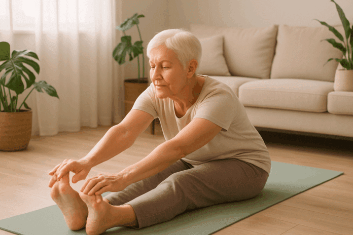 Elderly woman doing a seated forward bend in a bright living room, illustrating is stretching good for arthritis.