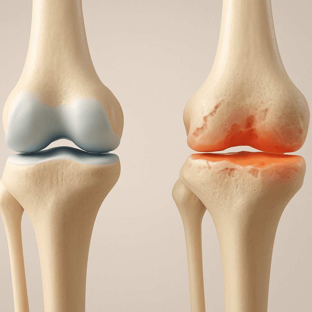 Side-by-side 3D illustration of a healthy and arthritic joint showing inflammation and cartilage damage, visualizing why people ask is stretching good for arthritis