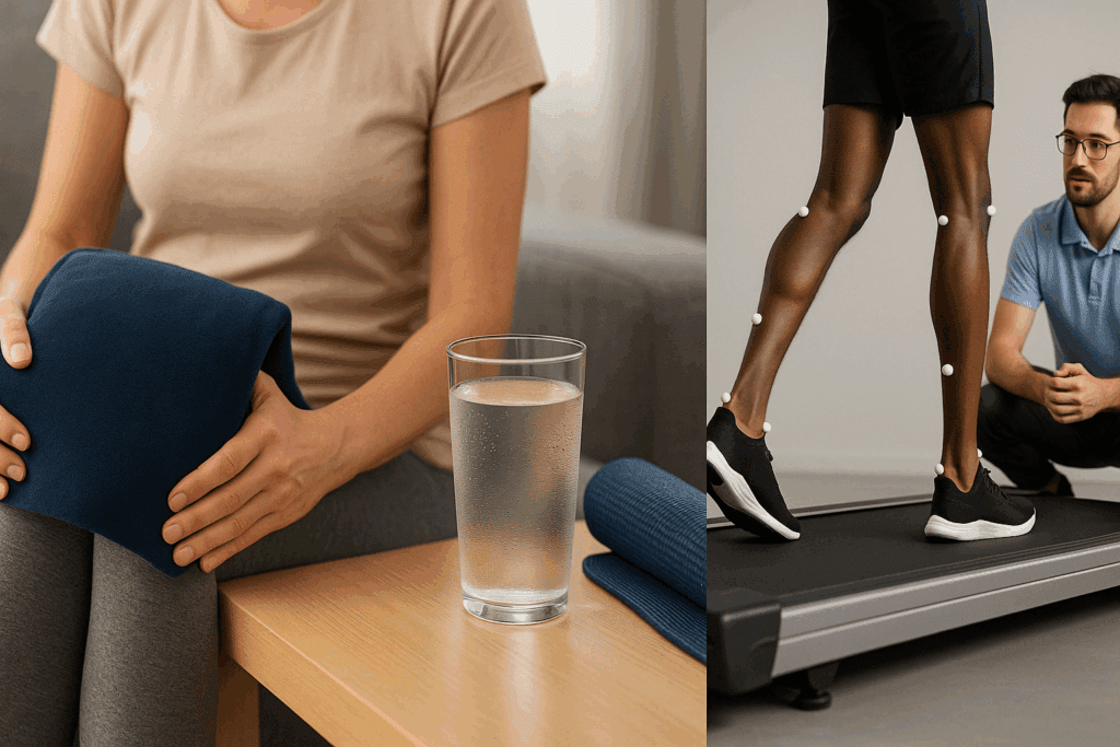 Three-part scene illustrating factors that answer is stretching good for arthritis: heat therapy, hydration, and gait analysis