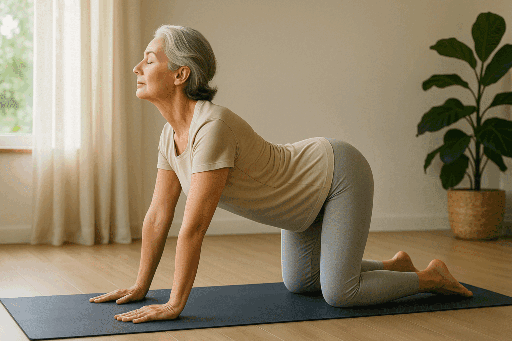Middle-aged woman doing Cat-Cow yoga pose on a mat in natural light, demonstrating that is stretching good for arthritis relief and flexibility.
