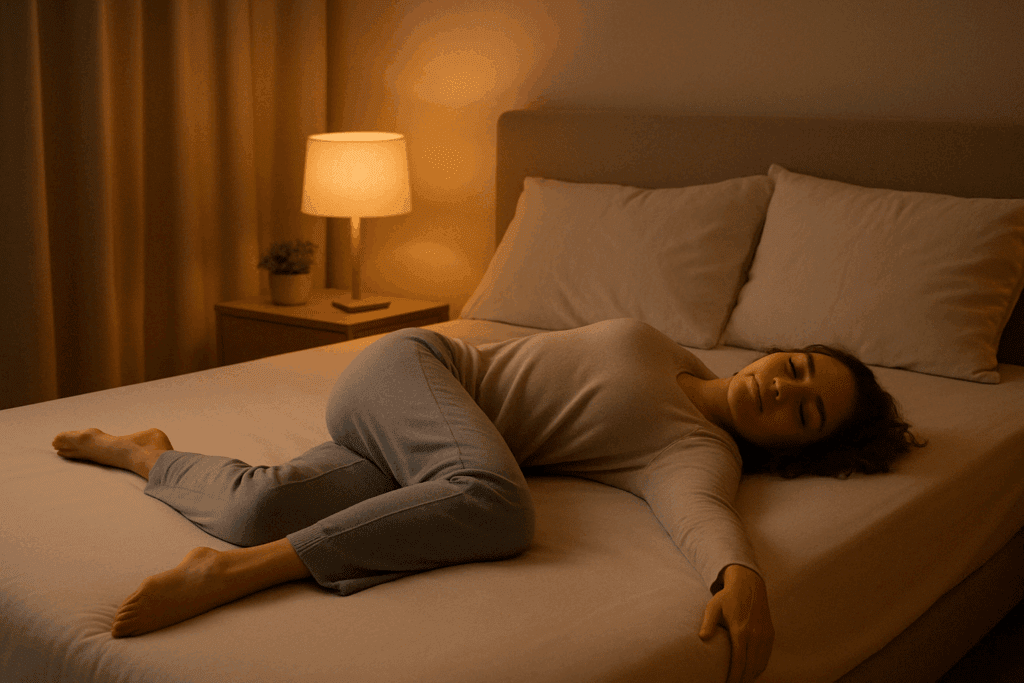 Woman in sleepwear doing a reclined spinal twist on a bed in a calm bedroom, illustrating bedtime flexibility for the question is stretching good for arthritis.