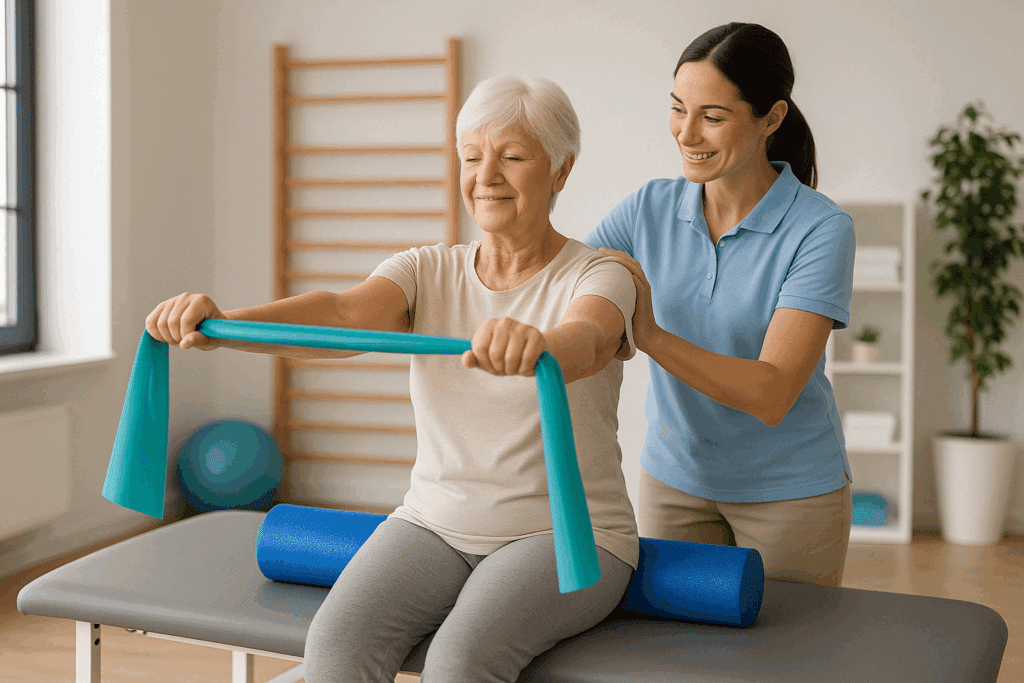 Older adult guided by therapist using a stretch band during physical therapy session, illustrating is stretching good for arthritis.