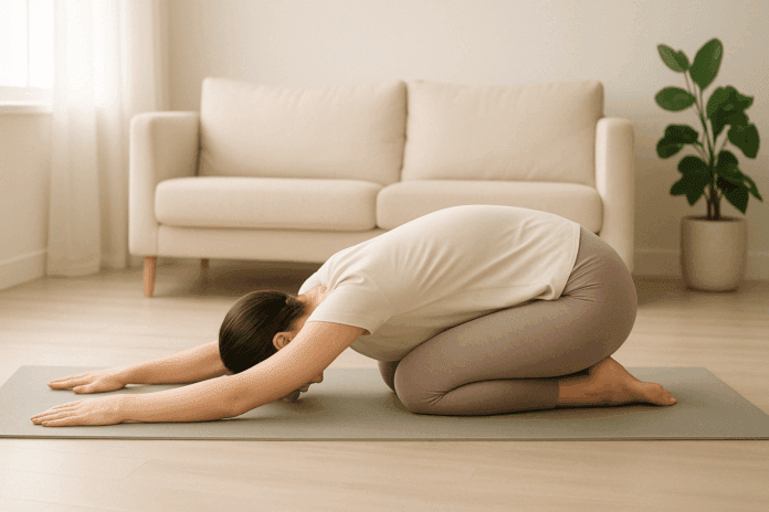 Woman practicing child’s pose on a yoga mat in a bright home as part of physical therapy exercises for lower back pain