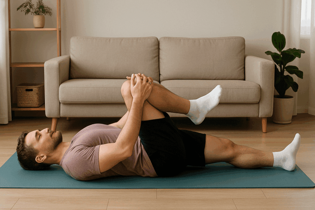 Man performing knee-to-chest stretch on a yoga mat in a living room as part of physical therapy exercises for lower back pain.