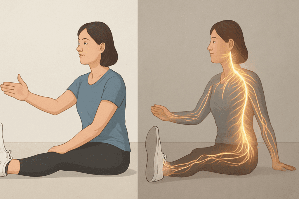Woman performing a seated nerve glide stretch with nervous system overlay, illustrating physical therapy exercises for lower back pain.