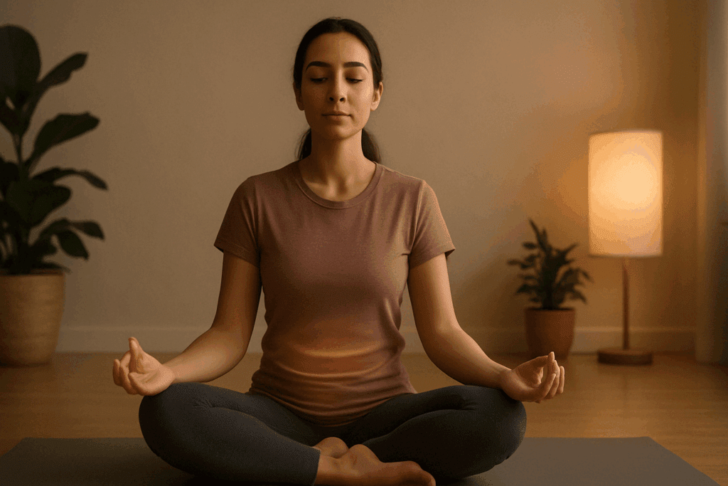 Person practicing mindfulness meditation on a mat to support physical therapy exercises for lower back pain recovery.