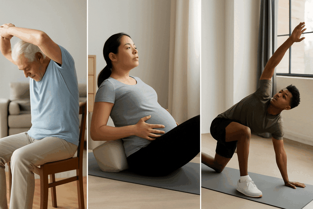 Older adult, pregnant woman, and young athlete performing physical therapy exercises for lower back pain in different supportive positions.