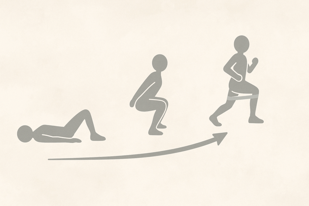 Infographic showing progression of physical therapy exercises for lower back pain, from beginner to advanced movements using stylized figures.
