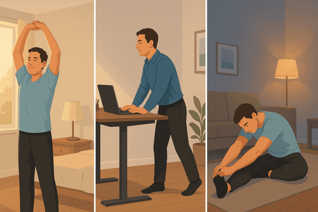 Man doing physical therapy exercises for lower back pain in morning, afternoon, and evening home settings.