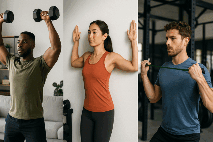 Diverse group of fit individuals performing the best shoulder strengthening exercises including dumbbell presses, wall angels, and resistance band face pulls in home and gym settings.
