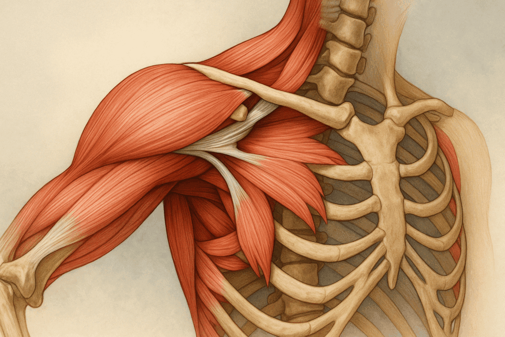 Anatomical illustration of shoulder muscles and bones used in the best shoulder strengthening exercises, showing the deltoid, rotator cuff, and scapular stabilizers.