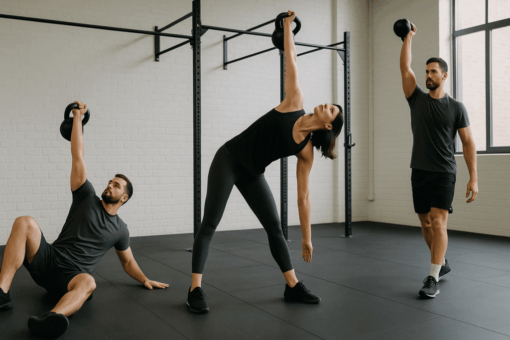 Three athletes performing the best shoulder strengthening exercises—Turkish get-up, kettlebell windmill, and overhead carry—in a functional training gym