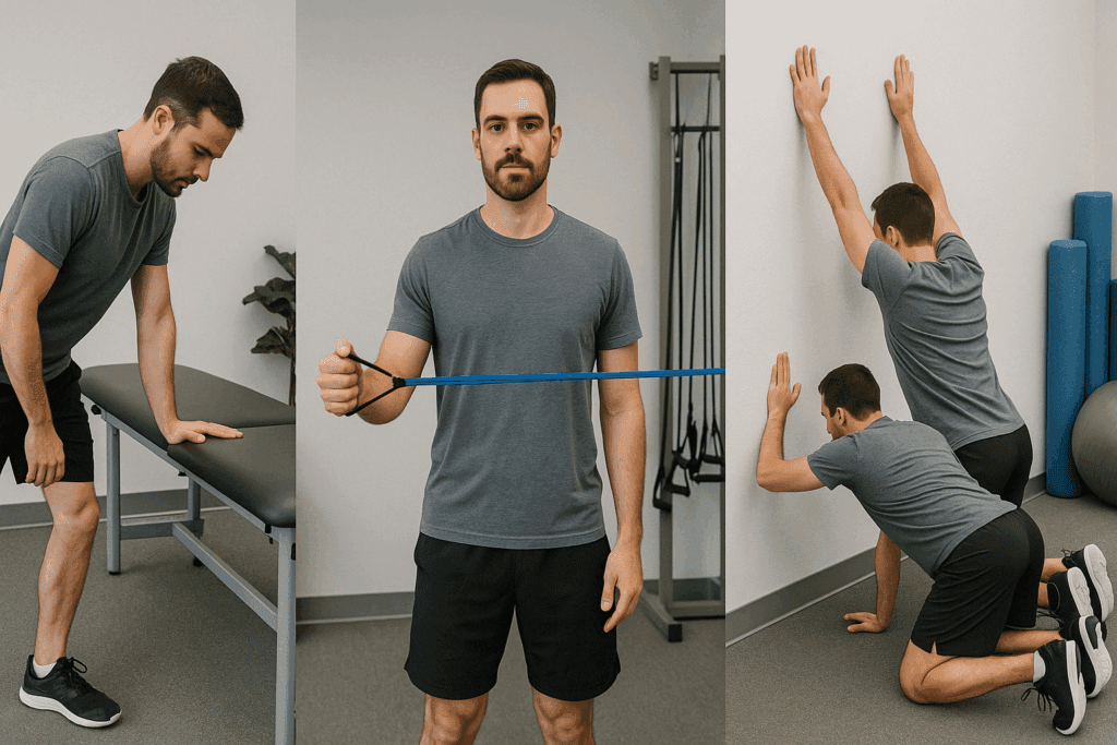 Phased rehab sequence demonstrating best shoulder strengthening exercises, from pendulum swings to banded rotations and functional wall slides.