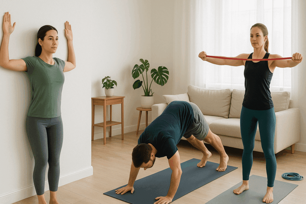 Three people performing the best shoulder strengthening exercises at home, including wall angels, pike push-ups, and resistance band pull-aparts on yoga mats in a bright living room.