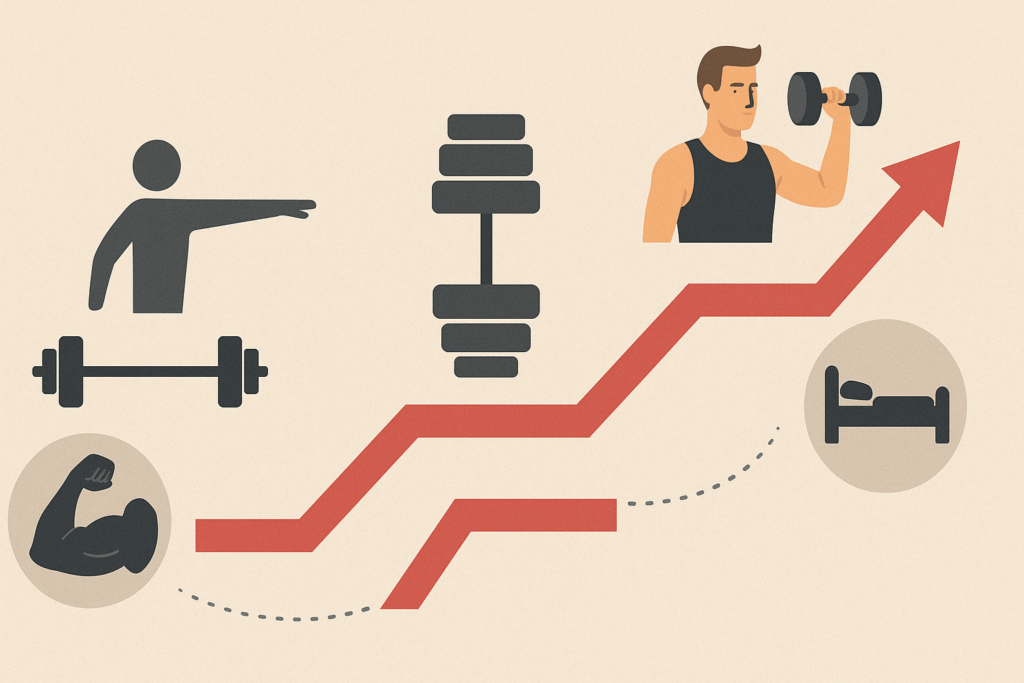 Infographic showing progressive overload and periodization phases for the best shoulder strengthening exercises, including resistance training, mobility work, and recovery