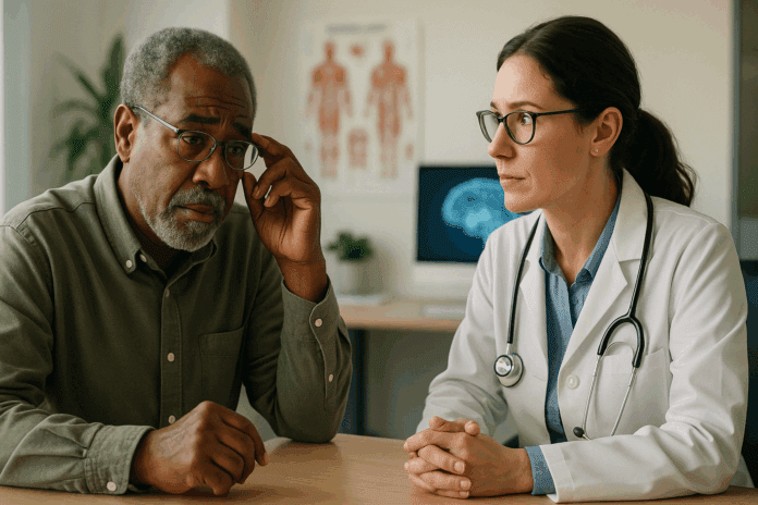 Doctor consulting with elderly patient during cognitive exam, illustrating who diagnoses dementia in early stages.