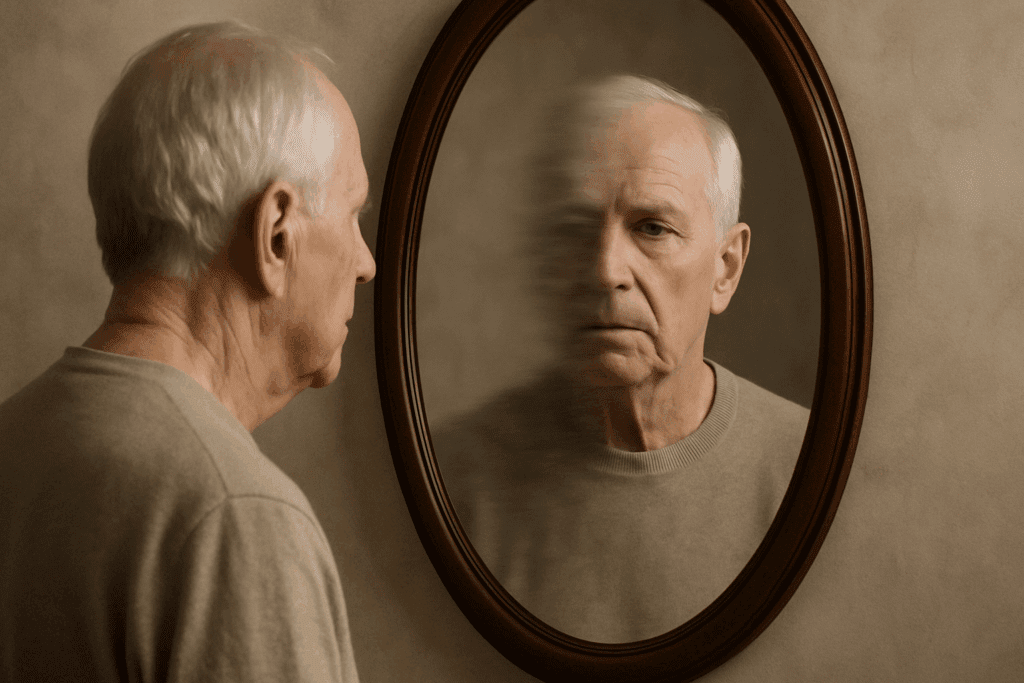 Elderly man gazing into a mirror with one clear and one blurred reflection, symbolizing early memory issues and the need for professional evaluation by those who diagnose dementia.