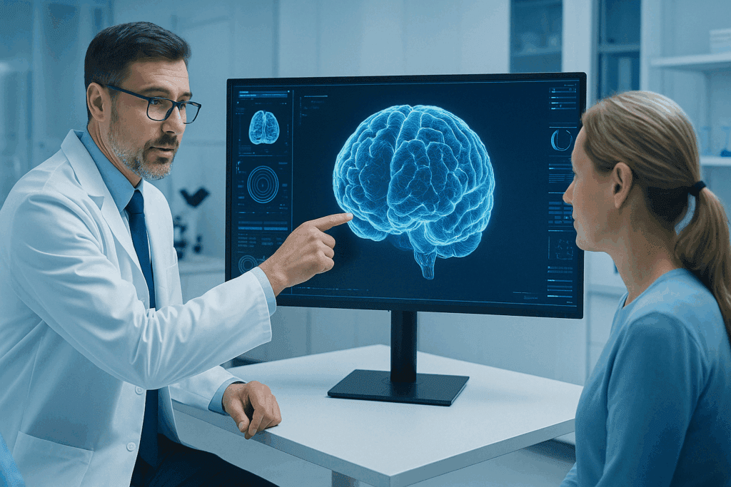 Neurologist evaluating 3D brain scan while elderly patient and caregiver listen, illustrating who diagnoses dementia.