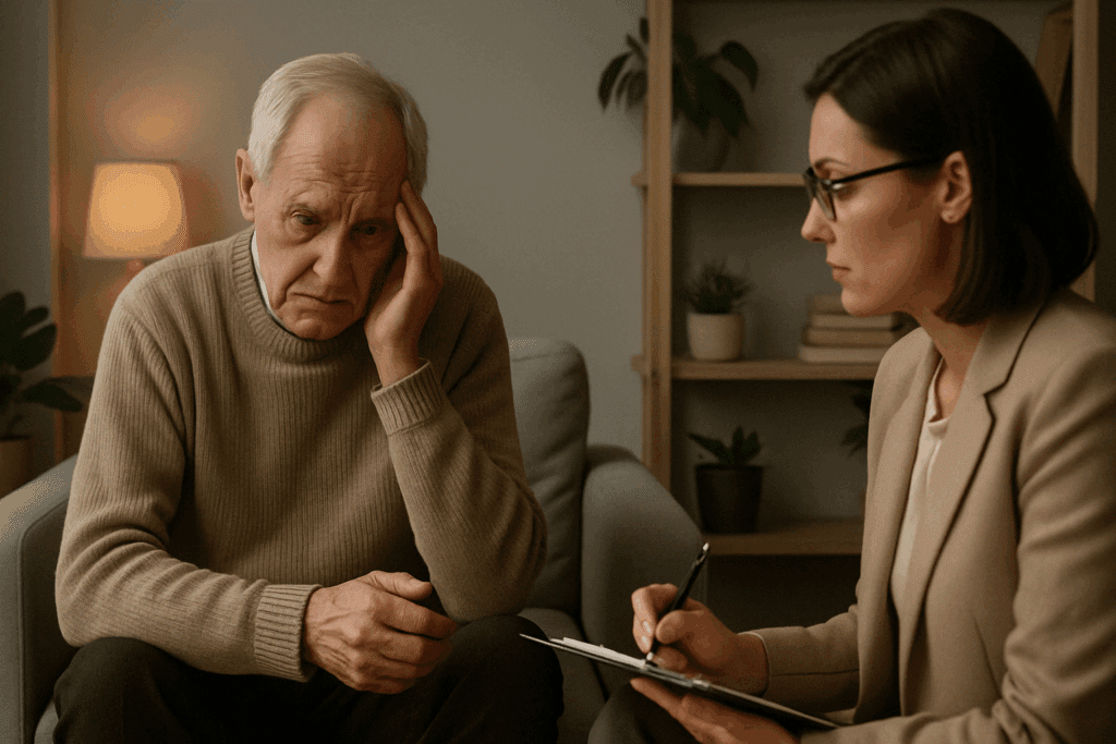 An elderly man showing emotional distress during a therapy session with a psychiatrist, illustrating who diagnoses dementia through mental health evaluation.