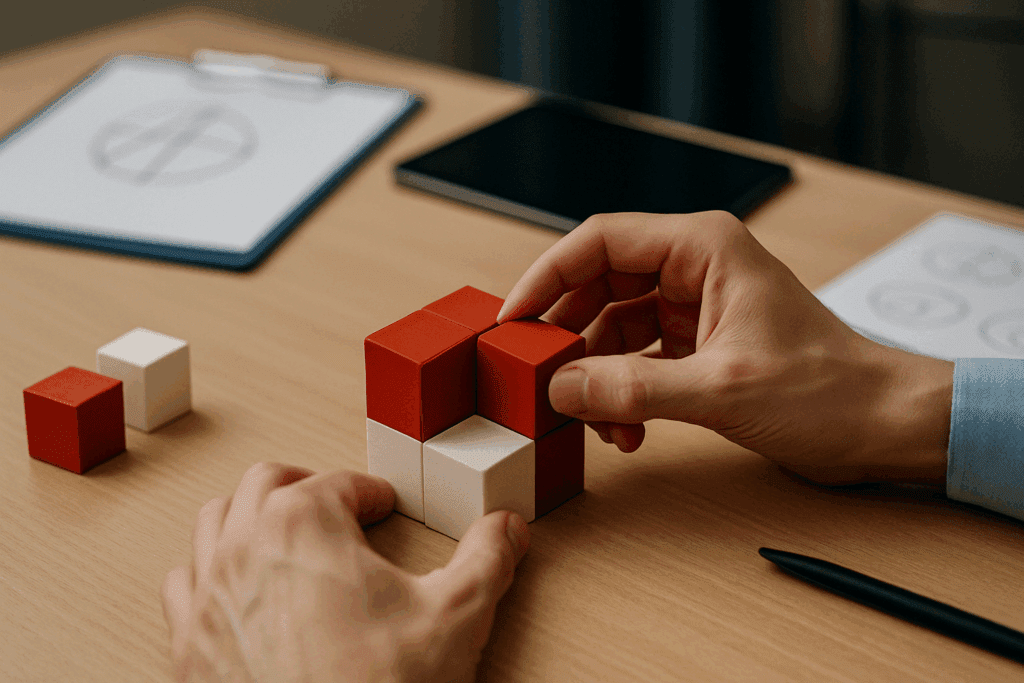 Hands assembling red and white blocks during a cognitive test in a neuropsychologist’s office, representing who diagnoses dementia.