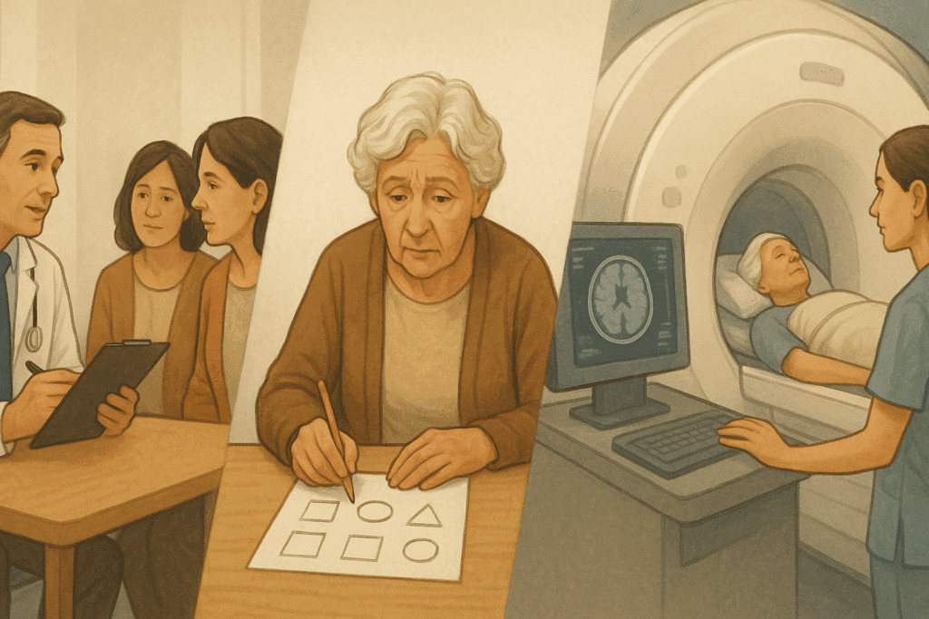 Conceptual sequence showing who diagnoses dementia: doctor-family consultation, elderly woman in cognitive testing, and brain scan imaging.