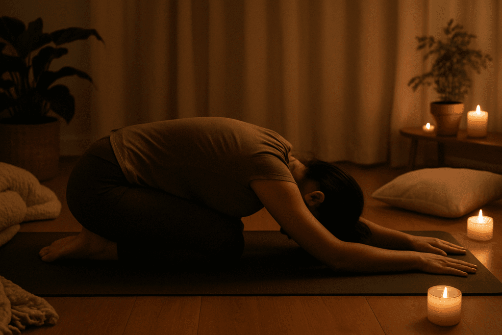 Woman in Child’s Pose on a yoga mat surrounded by candles and pillows in a calm setting, illustrating one of the best exercises for cramps.