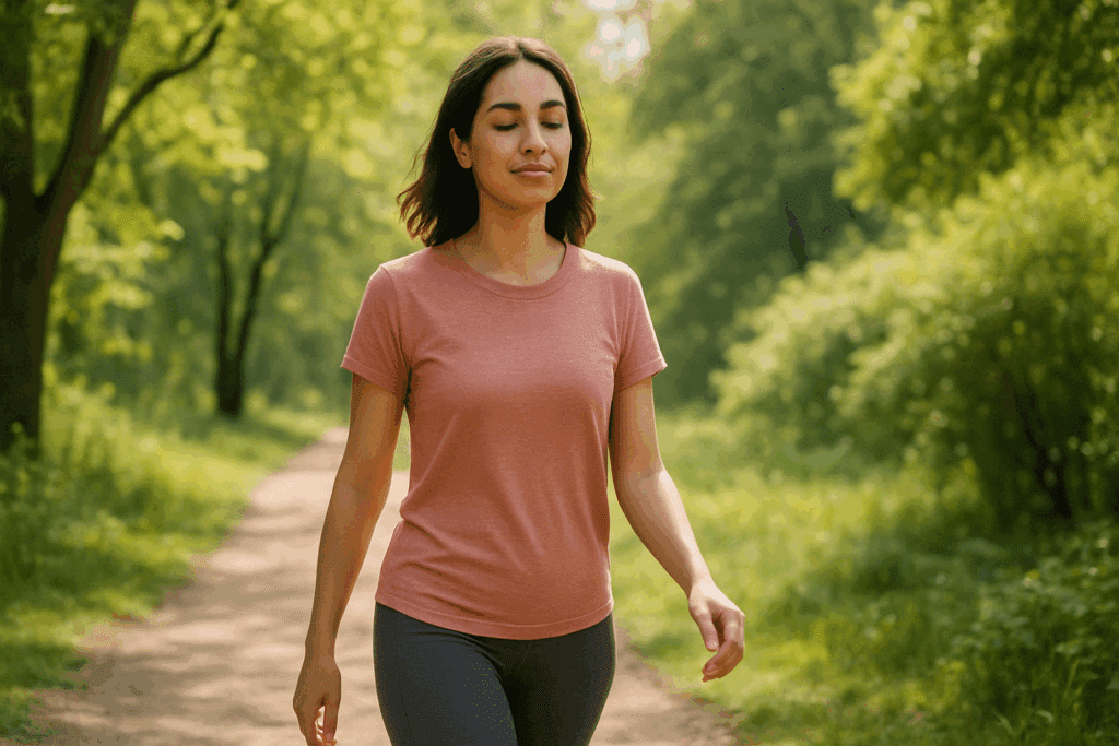 Woman walking calmly on a sunny forest trail, illustrating one of the best exercises for cramps with gentle movement and relaxation.