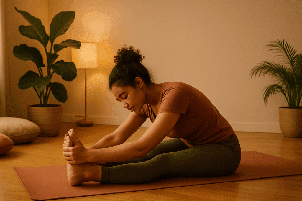 Woman practicing a seated forward bend in a warm, peaceful room with houseplants and cushions, illustrating best exercises for cramps.