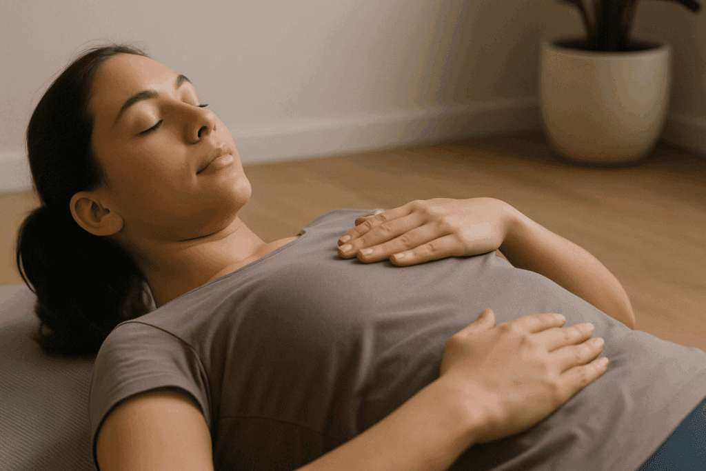 Woman lying on her back with hands on belly and chest, practicing deep breathing as part of the best exercises for cramps.