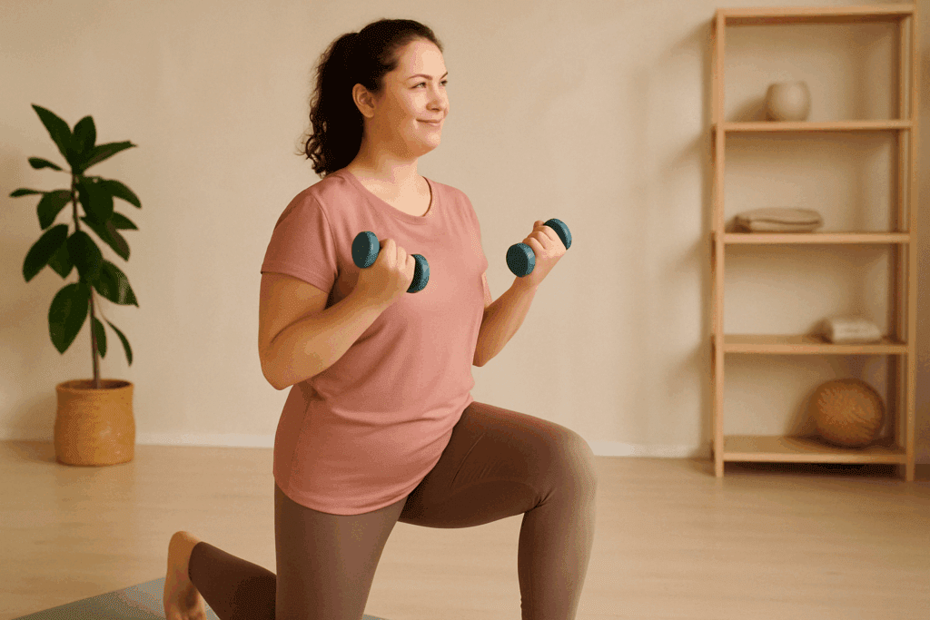 Woman doing a slow lunge with light dumbbells in a calm indoor space, demonstrating one of the best exercises for cramps during menstruation.