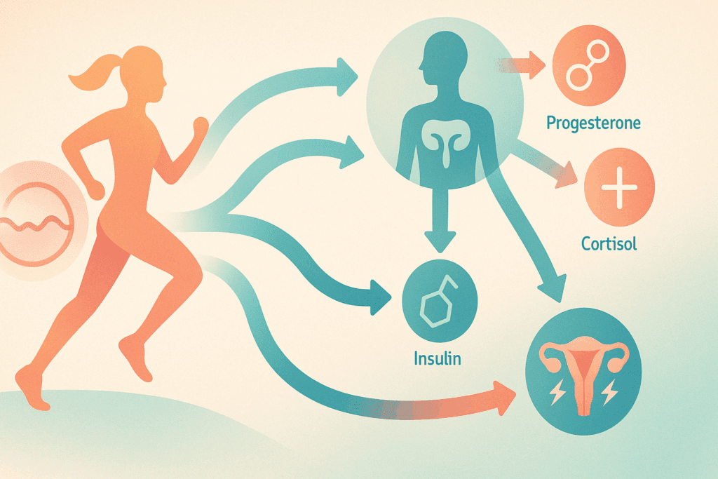 Infographic showing how physical activity regulates hormones like estrogen, progesterone, insulin, and cortisol to relieve menstrual symptoms, highlighting the best exercises for cramps.